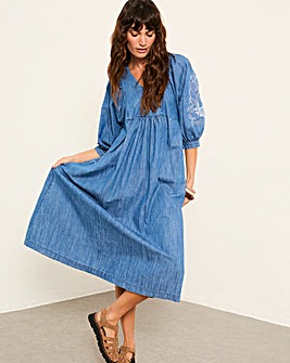 FatFace Jess Denim Embroidery Midi Dress