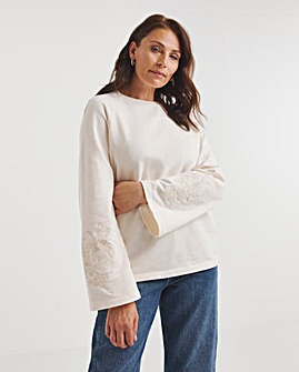 Cream Embroided Sleeve Sweatshirt