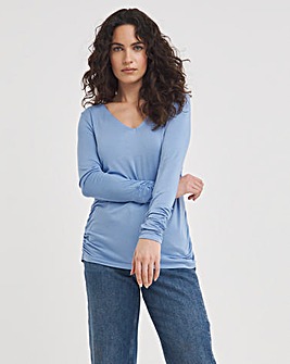Light Blue Ruched Side Long Sleeve Top
