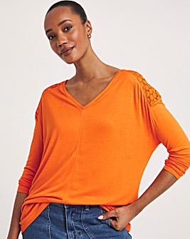 Orange V Neck Lace Back Long Sleeve Top