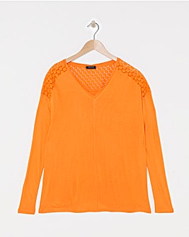 Orange V Neck Lace Back Long Sleeve Top