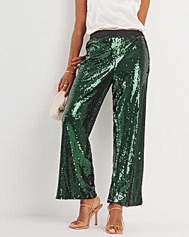 Green Pull On Sequin Straight Leg Trouser