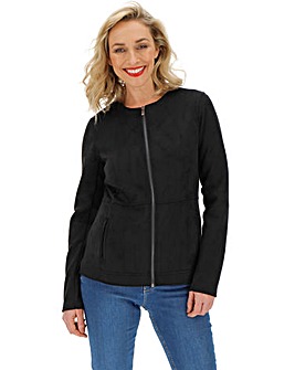 Black Suedette Collarless Jacket with Stretch Jersey Panelled Sleeves