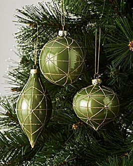 Green & Gold Glitter Jewel Baubles - Set of 6