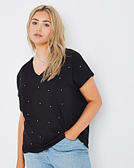 Black Sparkle Stud V-Neck Short Sleeve T-Shirt