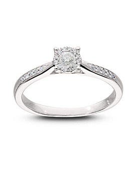 9 Carat White Gold Diamond Solitaire Look Ring with Diamond Set Shoulders