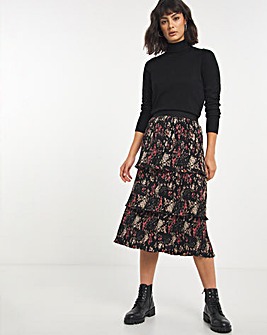 Black Floral Tiered Midi Skirt
