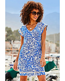 Sosandar Baroque Print Linen Ruffle Sleeve Trim Insert Shift Dress