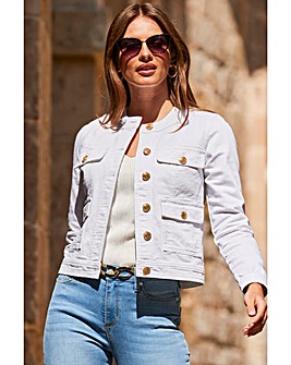 Sosandar White Round Neck Pocket Front Denim Jacket