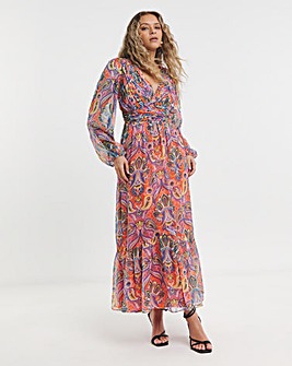 Lovedrobe V-Neck Blouson Sleeve Gathered Midaxi Dress