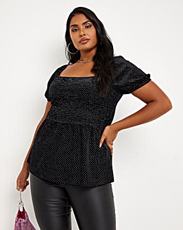 Glitter Spot Shirred Velour Peplum Top