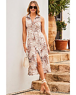 Sosandar Natural Zebra Print Sleeveless Jersey Shirt Dress