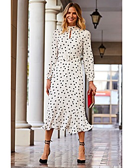 Sosandar Ivory and Black Spot Print Keyhole Detail Belted Fit and Flare Dress