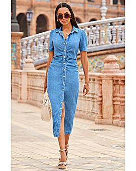 Sosandar Mid Blue Panelled Detail Button Front Denim Dress