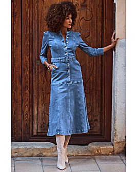 Sosandar Mid Blue Ruched Waist Popper Front Denim Dress