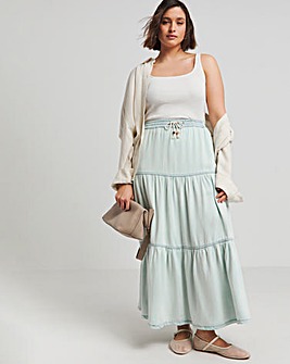 Lightweight Denim Light Blue Tiered Maxi Skirt