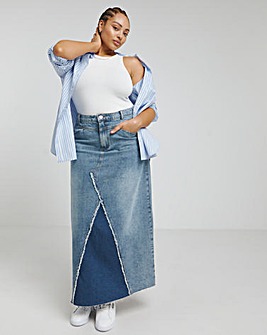 Mid Blue Patchwork Fray Denim Maxi Skirt