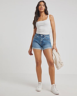 Mid Blue Roll Hem Mom Shorts