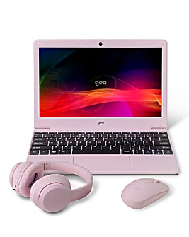 Geobook 110 11.6in 128GB Windows 11 Pink Laptop, Headset, Mouse & Sleeve Bundle