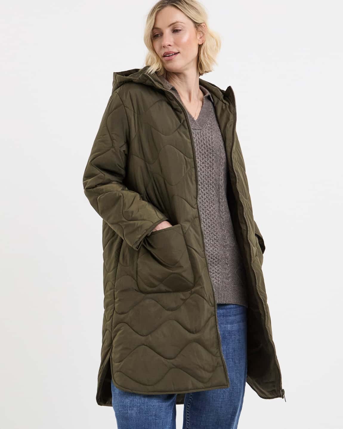 Model wearing a khaki-coloured quilted coat.