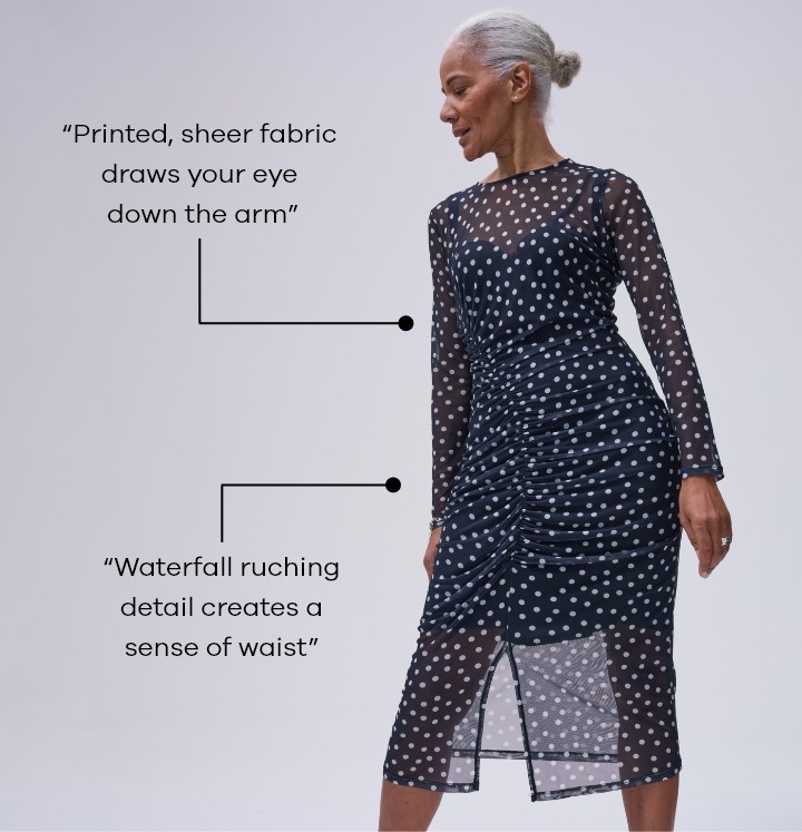 Waterfall ruching detail creates a sense of waist. Printed, sheer fabric draws your eye down the arm.